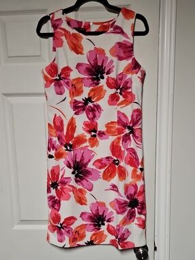 Sleeveless Floral Midi Dress in White with Pink & Orange Blooms